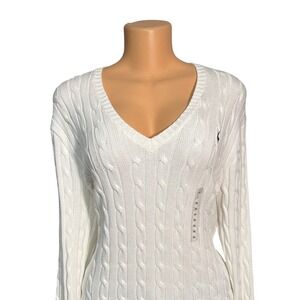 Polo Ralph Lauren Womens White Cable Knit V Neck Sweater XL